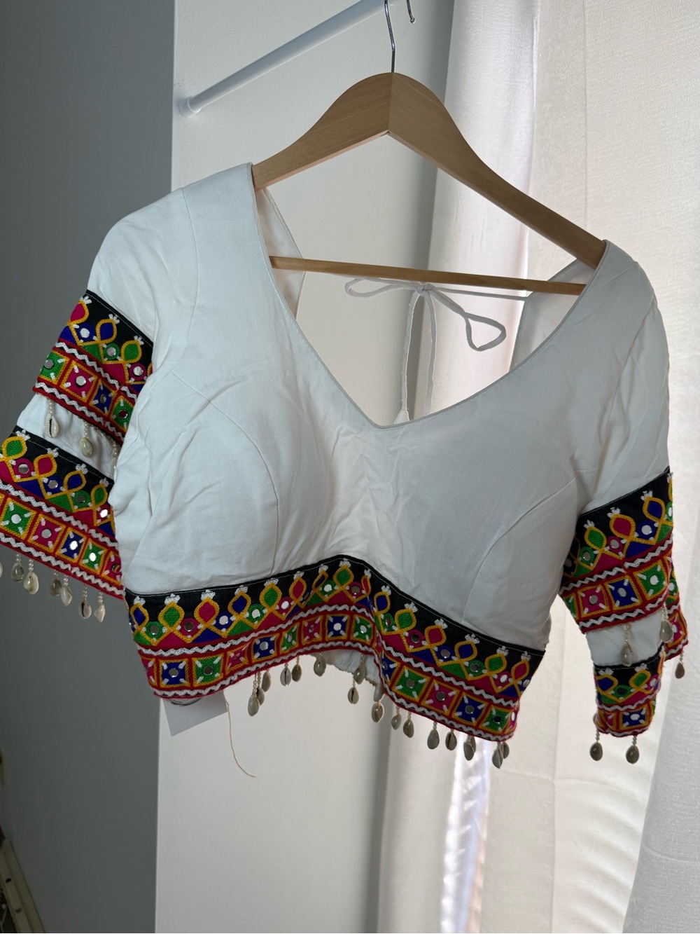 Embroidered White Women's Blouse with Multicolor Mirror Work